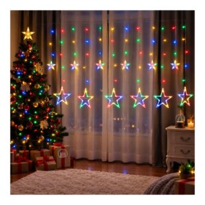 Cortina de luces LED con puntas de estrella multicolor en una ventana - Berelski